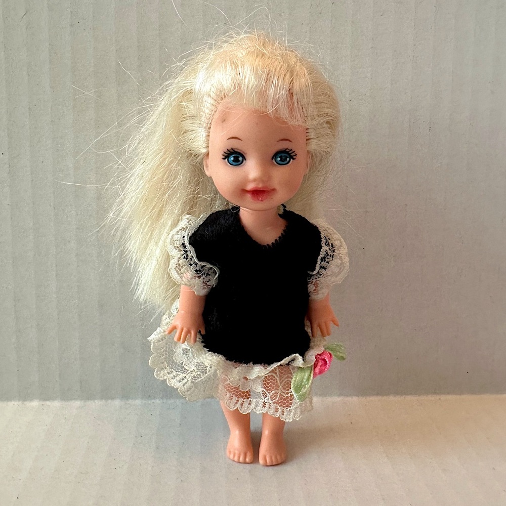 Vintage 1994 Baby Sister Kelly Mattel doll dress -velvet lace pink flower Barbie